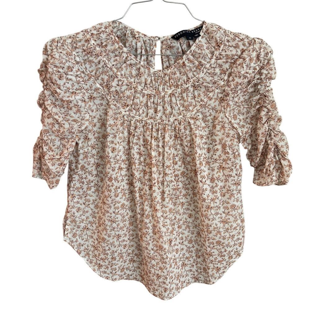 Veronica Beard Jeans Bocke Floral Blouse w/Gathered Sleeve Ruched Neckline Sz XS